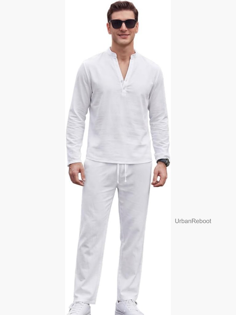 Cotton Linen Henley Shirt & Loose Pants Set - Summer Beach Outfit
